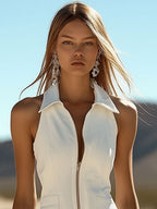 Fashion Vintage White Stretch Denim Sleeveless Tassel Mini Dress