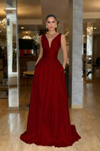 Straps Sleeveless High Waist Long Prom Dress With Pockets Pleated MS0387