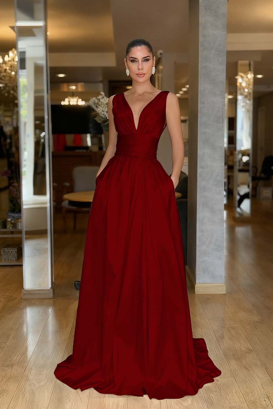 Straps Sleeveless High Waist Long Prom Dress With Pockets Pleated MS0387