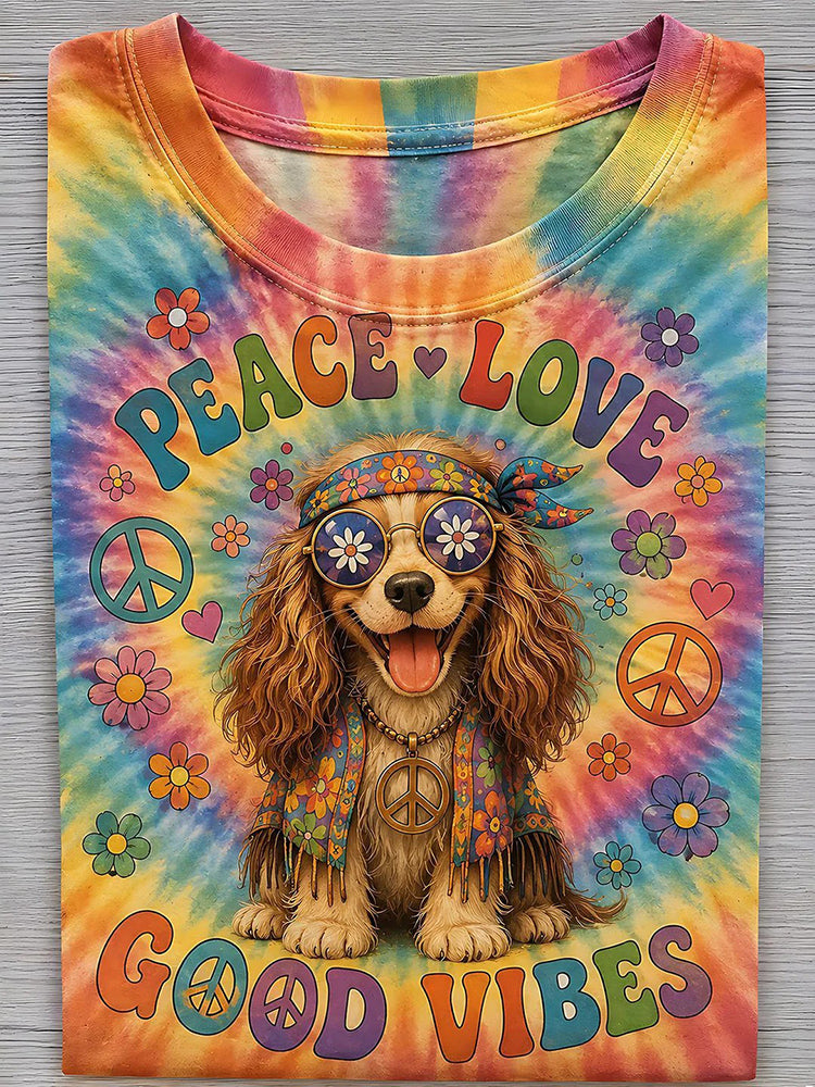 Hippie Colorful Tie-dye Peace Love Dog Women's Short Sleeve Crew Neck T-shirt
