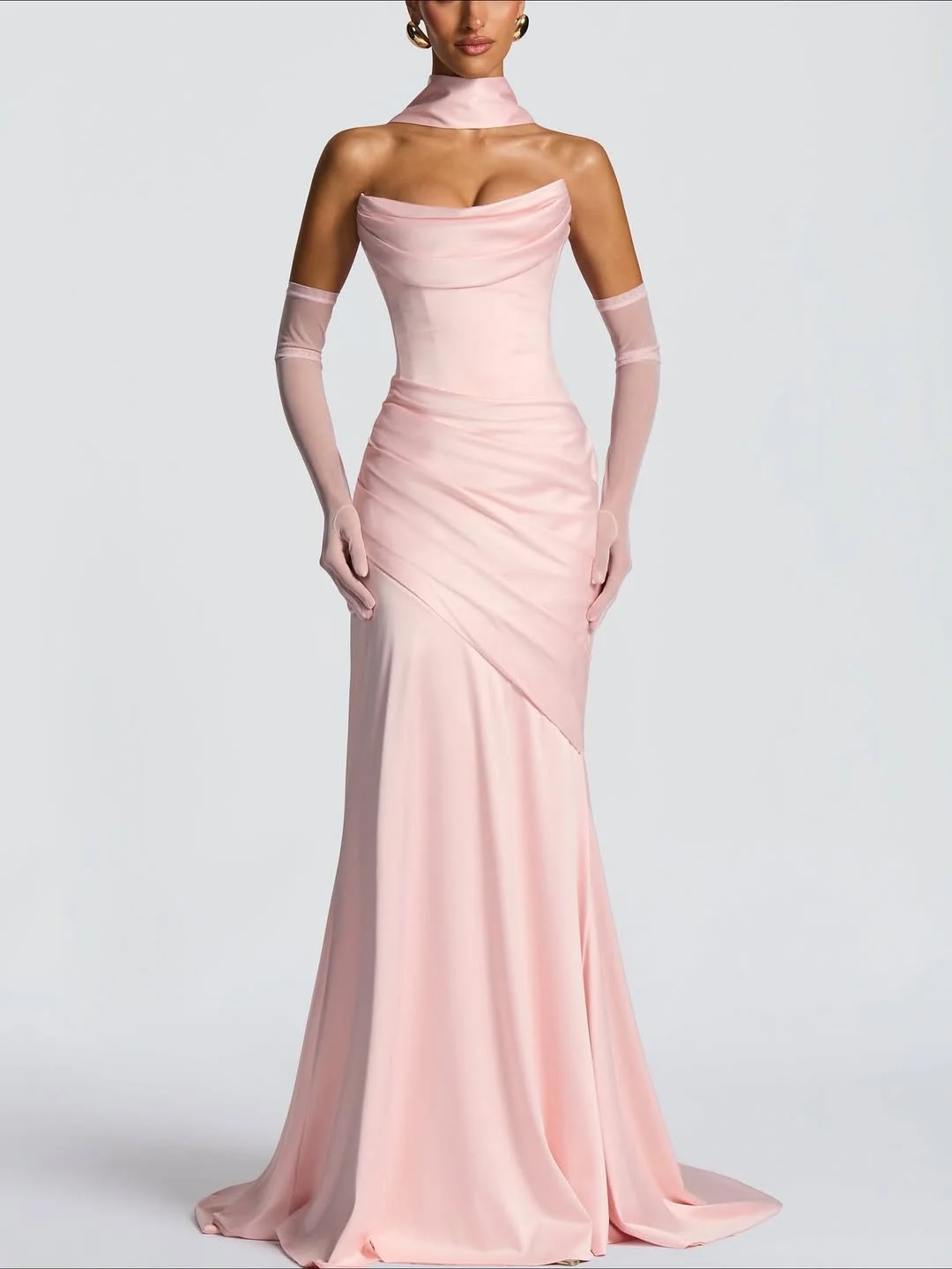 Strapless Sleeveless Long Pleated Mermaid Prom Dress With Ruffles And Gloves YK0718